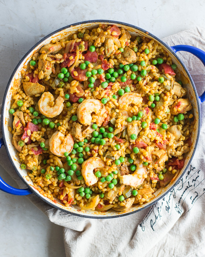 Chicken and Shrimp Barley Paella 