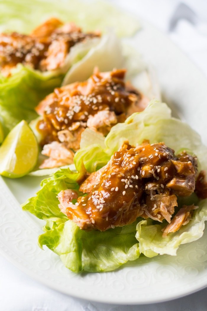 Flakey Teriyaki Salmon Lettuce Wraps