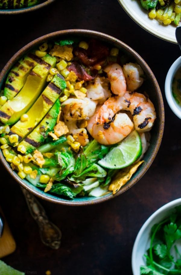 Grilled Avocado Shrimp Nacho Bowls, via Food Faith Fitness