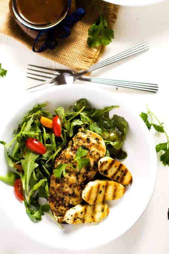 Grilled Chicken & Halloumi with Arugula Salad