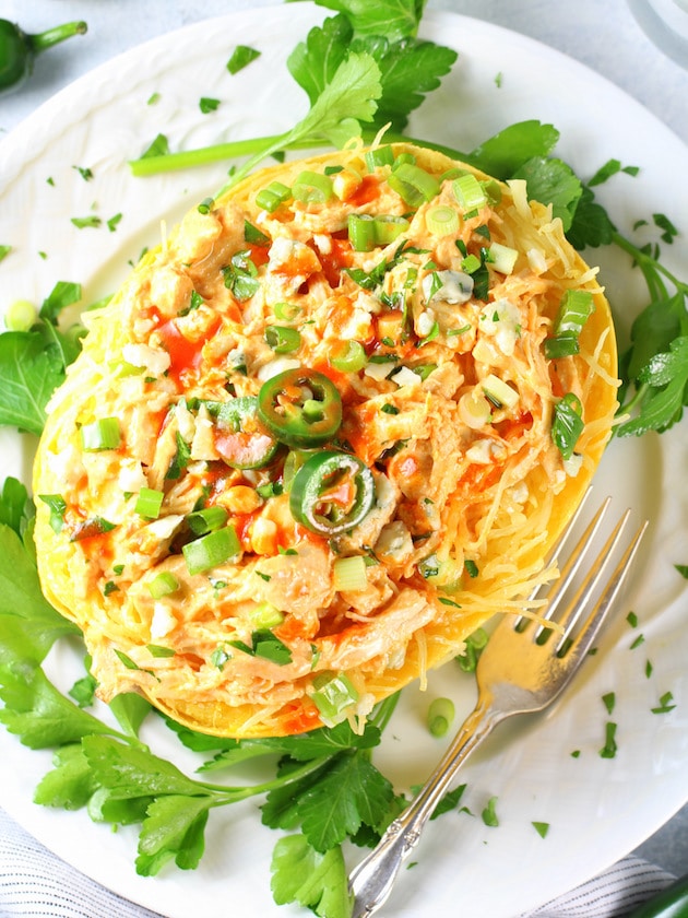 INSTANT POT SPAGHETTI SQUASH BUFFALO CHICKEN