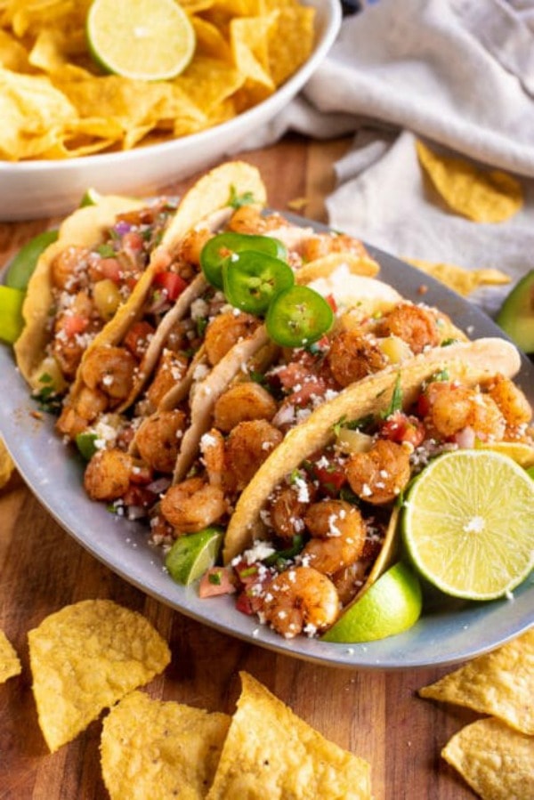 Jerk Shrimp Tacos with Pineapple Salsa, via The Adventure Bite