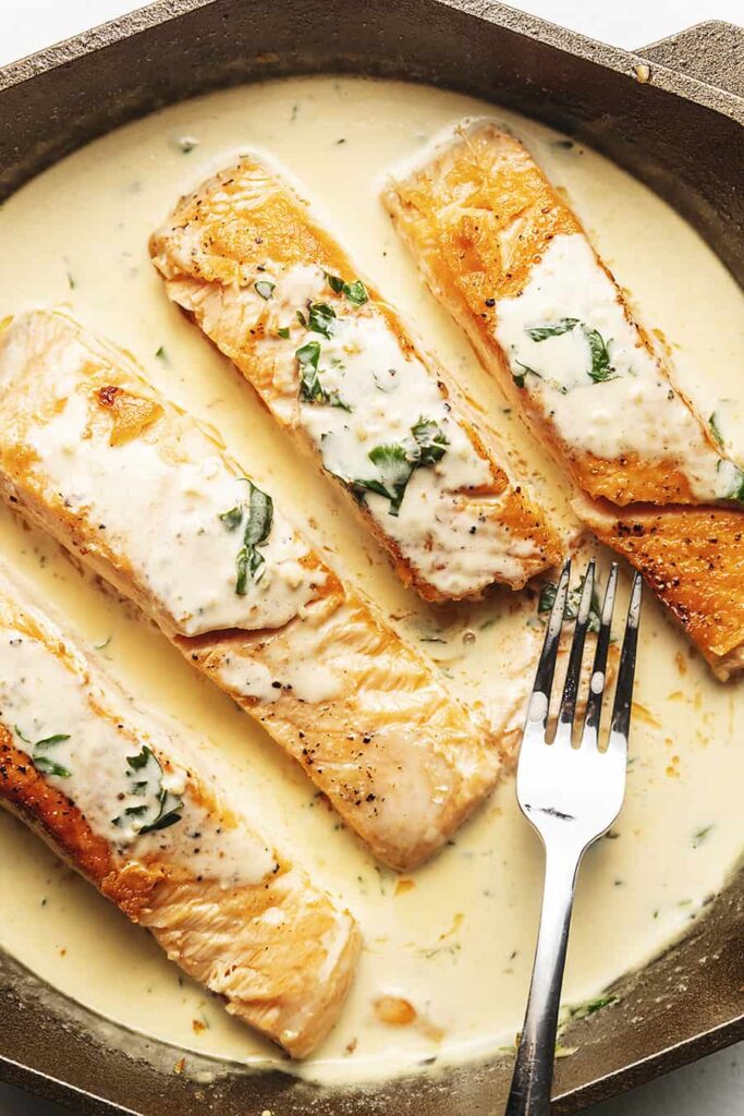 KETO CREAMY LEMON GARLIC SALMON RECIPE FROM LOW CARB WITH JENNIFER