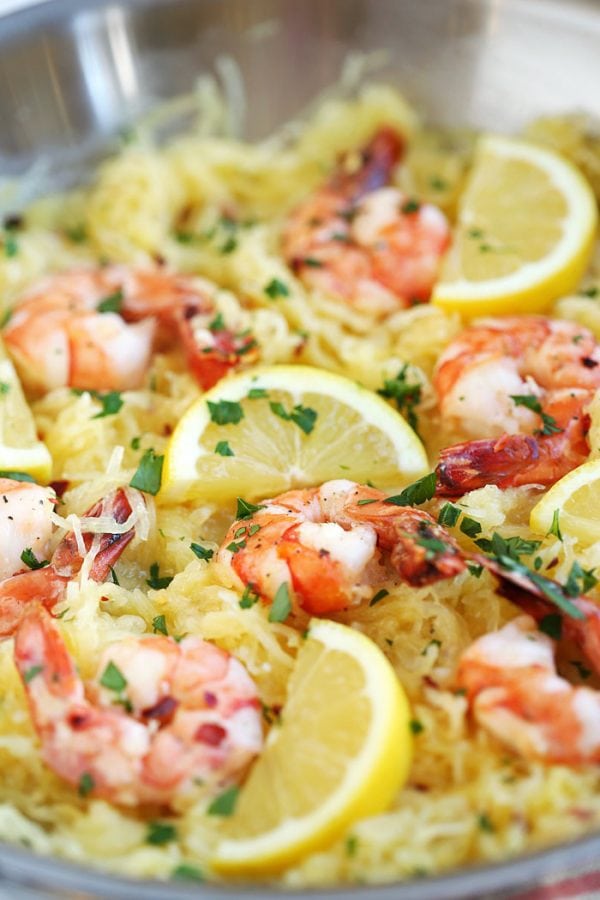 Lemon Herb Spaghetti Squash with Roasted Shrimp, via Eat Yourself Skinny