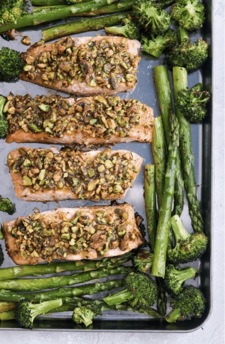 Maple Dijon Pistachio Crusted Salmon with Spring Veggies