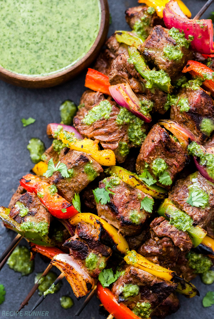 STEAK FAJITA SKEWERS WITH CILANTRO CHIMICHURRI BY RECIPE RUNNER