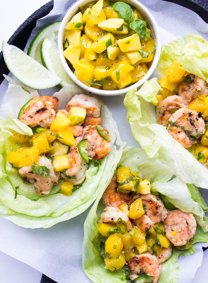 Spicy Coconut Shrimp Lettuce Wraps with Mango Basil Salsa