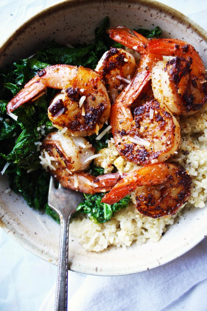 Spicy Shrimp Bowls with Parmesan Quinoa and Garlic Kale