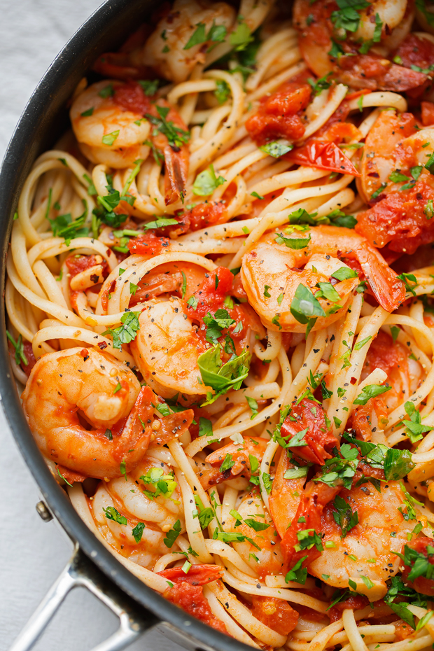 Spicy Shrimp Pasta with Tomatoes and Garlic