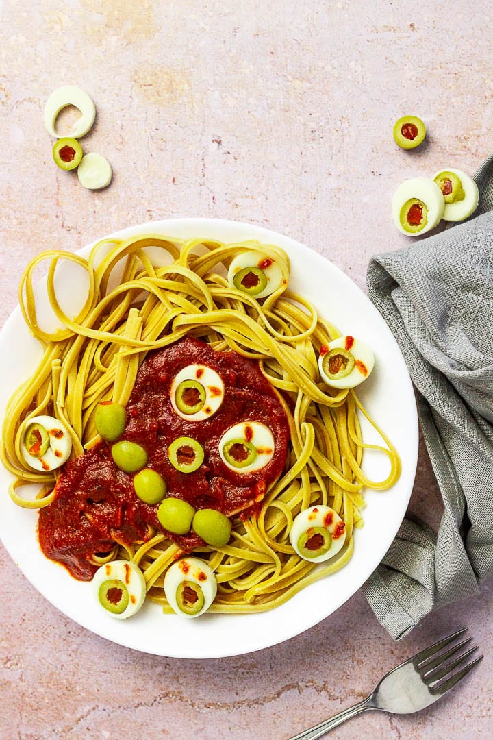 Vegan Halloween Spaghetti with Eyes 